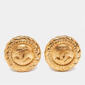 Chanel CC Round Gold Tone Clip On Earrings