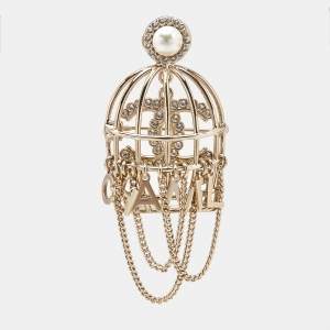 Chanel Cage CC Crystal Faux Pearl Gold Tone Brooch