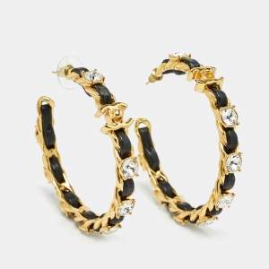 Chanel  CC Leather Crystals Gold Tone Hoop Earrings