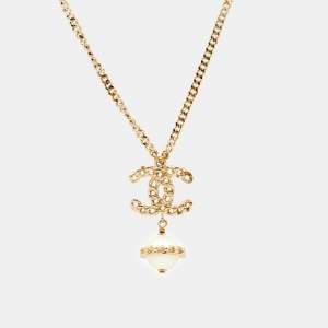 Chanel CC Faux Pearl Gold Tone Chain Link Pendant Necklace