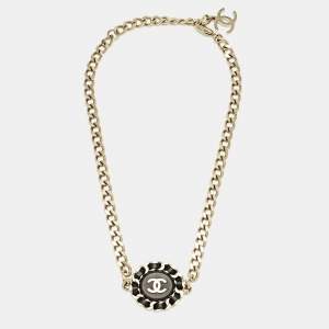 Chanel Interlaced CC Medallion Leather Gold Tone Pendant Chain Necklace
