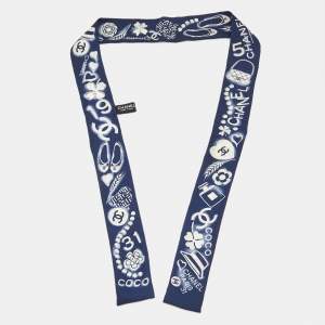 Chanel Dark Blue CC Charms Print Silk Slim Bandeau Scarf