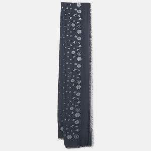 Chanel Navy Blue Lurex Brocade Cashmere Blend Frayed Edge Scarf