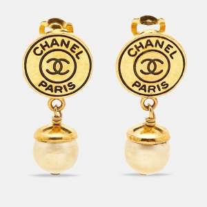 Chanel CC Faux Pearl Gold Tone Drop Clip-on Earrings