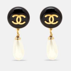 Chanel CC Resin Faux Pearl Gold Tone Drop Earrings