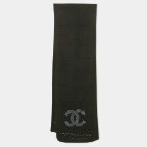 Chanel Black CC Embroidered Cashmere Knit Scarf
