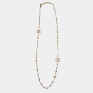 Chanel CC Faux Pearl Beads Gold Tone Long Necklace