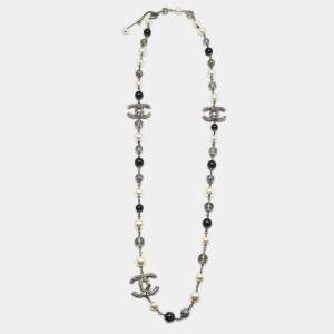 Chanel CC Faux PearlCrystals Beaded Star Silver Tone Long Necklace