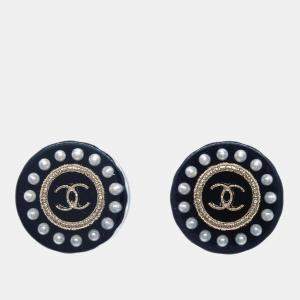 Chanel Black Gold Plated Acrylic Button Piercing Earrings