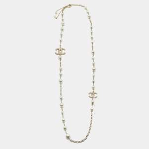 Chanel CC Crystals Faux Pearl Gold Tone Long Necklace