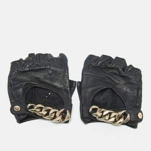 Chanel Black Perforated Leather Chain Link Fingerless Gloves