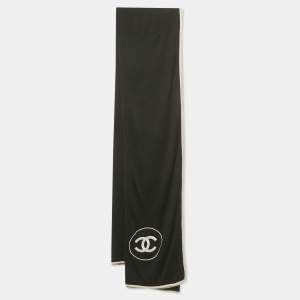 Pre Owned Chanel Black CC Embroidered Cashmere Blend Knit Scarf