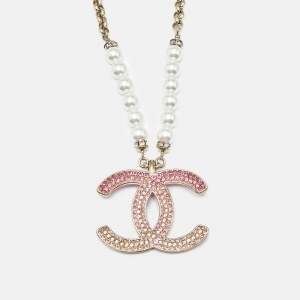 Chanel CC Crystal Logo Faux Pearl Gold Tone Necklace