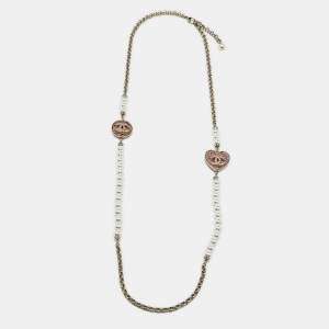 Pre Owned Chanel CC Enamel Crystal Embellished Faux Pearl Gold Tone Long Necklace
