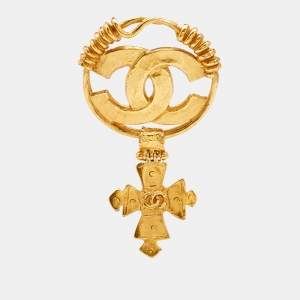 Chanel CC Logo Cross Drop Gold Tone Pin Brooch 