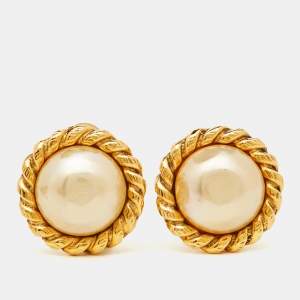 Chanel Faux Pearl Gold Tone Round Clip-on Earrings