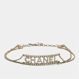 Pre Owned Chanel Logo Crystals Gold Tone Choker Necklace