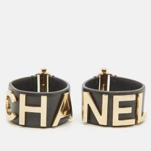 Chanel Logo Black Leather Gold Tone Set of 2 Bracelets