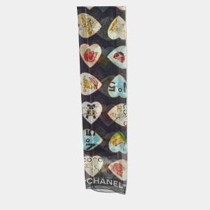 Chanel Vintage Black CC Hearts Print Silk Chiffon Stole 