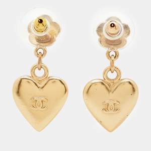 Chanel CC Flower Heart Gold Tone Dangle Earrings