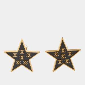 Chanel Black Enamel Gold Tone Star Clip-on Earrings