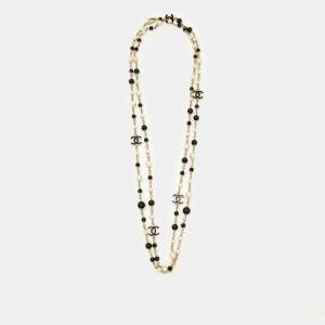 Pre Owned Chanel CC Faux Pearl Black Beads Long Station Necklace