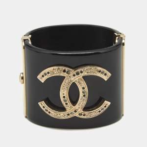 Chanel CC Resin Crystal Studded Gold Tone Wide Cuff Bracelet