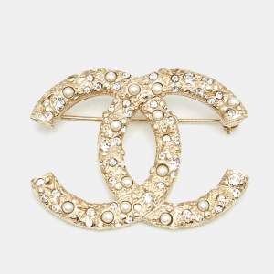 Chanel CC Crystals Faux Pearl Gold Tone Brooch