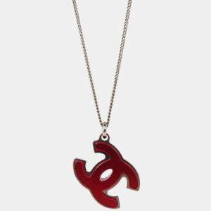 Pre Owned Chanel CC Chain Silver Red Black Acrylic Pendant Necklace