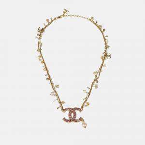 Chanel CC Rhinestone Artificial Pearl Gold Chain Pendant Necklace