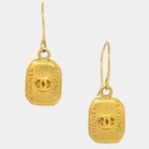 Pre Owned Chanel Dangle Piercing Earrings Rectangle Gold