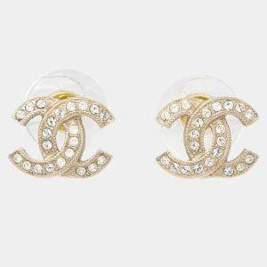 Pre Owned Chanel Piercing Earrings Gold Rhinestone CC