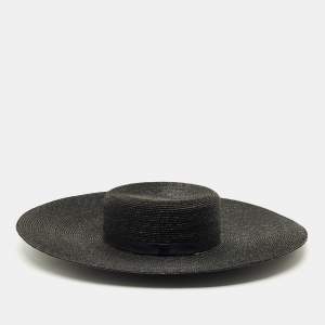 Pre Owned Chanel Black CC Straw Wide Sun Hat M