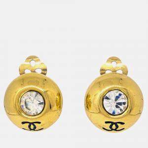 Pre Owned Chanel  Clip-On Rhinestone Gold Button Earrings