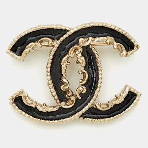 Pre Owned Chanel  CC Black Enamel Baroque Gold Tone Pin Brooch