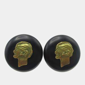 Pre Owned Chanel Button Earrings Black Gold Clip-On