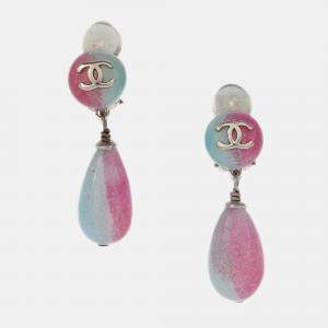 Pre Owned Chanel Dangle Earrings Clip-On Light Blue