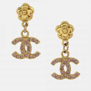 Pre Owned Chanel Dangle CC Piercing Earrings Gold Rhinestone