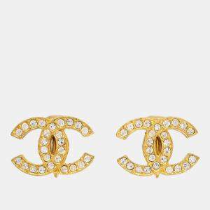 Pre Owned Chanel Gold CC Earrings Clip-On Rhinestone