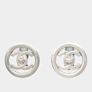 Pre Owned Chanel Turnlock Button Earrings Clip-On Silver