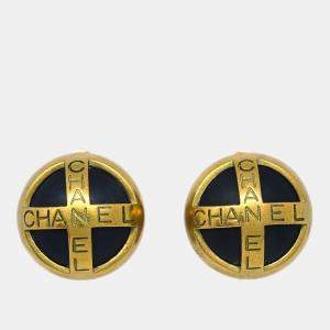 Pre Owned Chanel Button Earrings Clip-On Black Gold