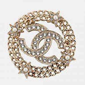 Pre Owned Chanel Cc Logo Round Star Brooch Champagne Gold Gold Plated Rhinestone Faux Pearl