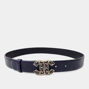 Pre Owned Chanel Navy Leather Logo Belt