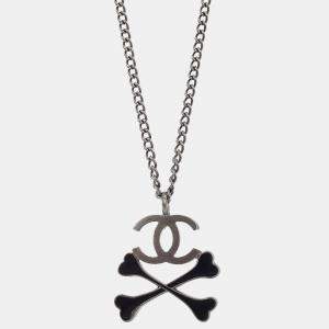 Pre Owned Chanel CC Crossbones Pendant Necklace Silver Black