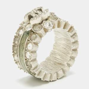 Pre Owned Chanel  CC Enamel Crystals Silver Tone Ring Size 52.5 