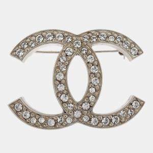 Pre Owned Chanel CC Brooch Pin Silver Rhinestone