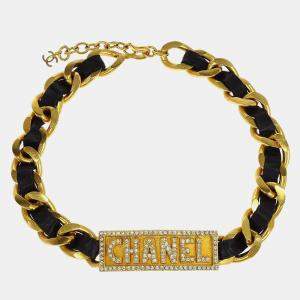 Chanel Gold Black Leather Rhinestone Choker Necklace