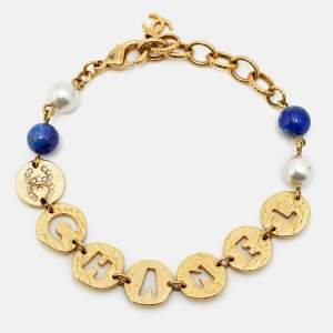 Pre Owned Chanel CC Crystals Faux Pearl Beads Gold Tone Cutwork Logo Charm Beaded Bracelet