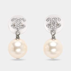 Chanel Silver Tone Faux Pearl & Crystal CC Drop Earrings