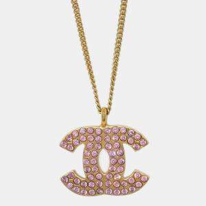 Chanel CC Chain Pendant Necklace Rhinestone Gold 02P